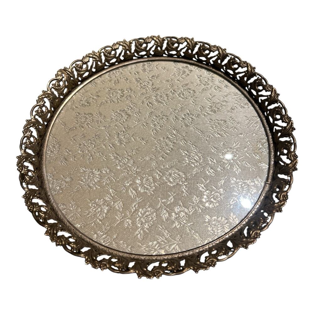 Vintage Gold Tone Ornate Round Vanity Tray Pierced Filigree Floral Glass